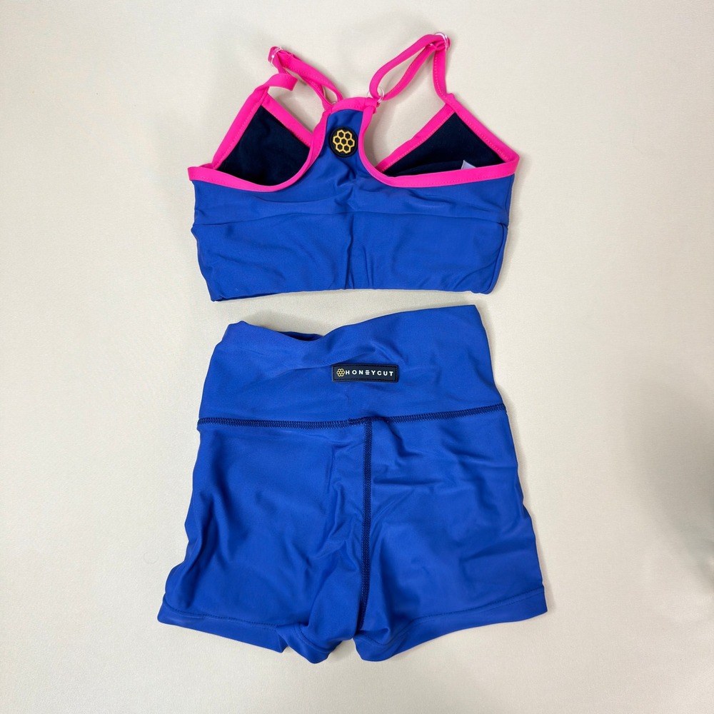 Honeycut Dance Set Kids Size CM Blue Pink Excellent Two Piece Shorts Bra Bow - Picture 2 of 9
